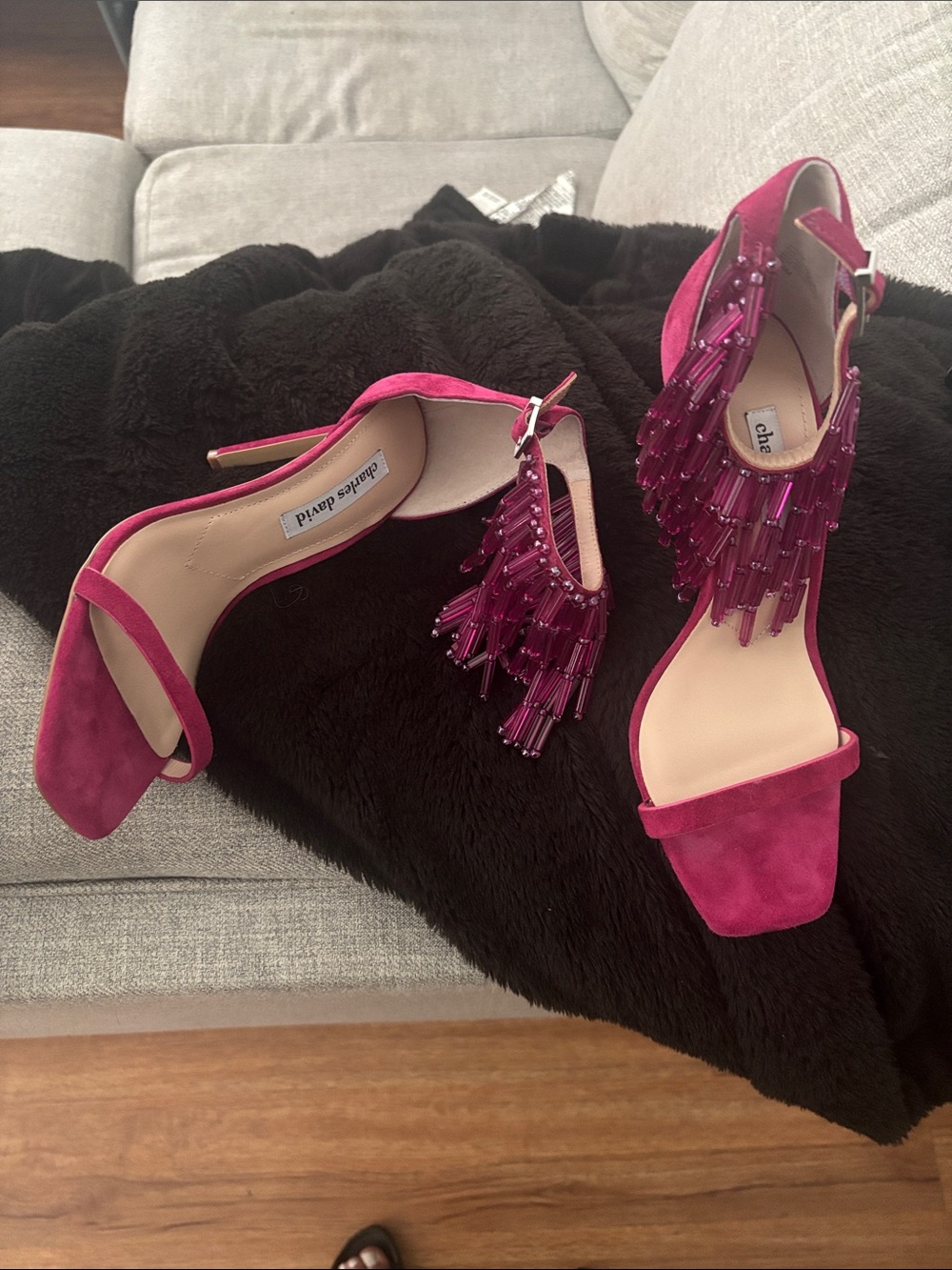 Charles David Pink Beaded Fringe Suede Heels